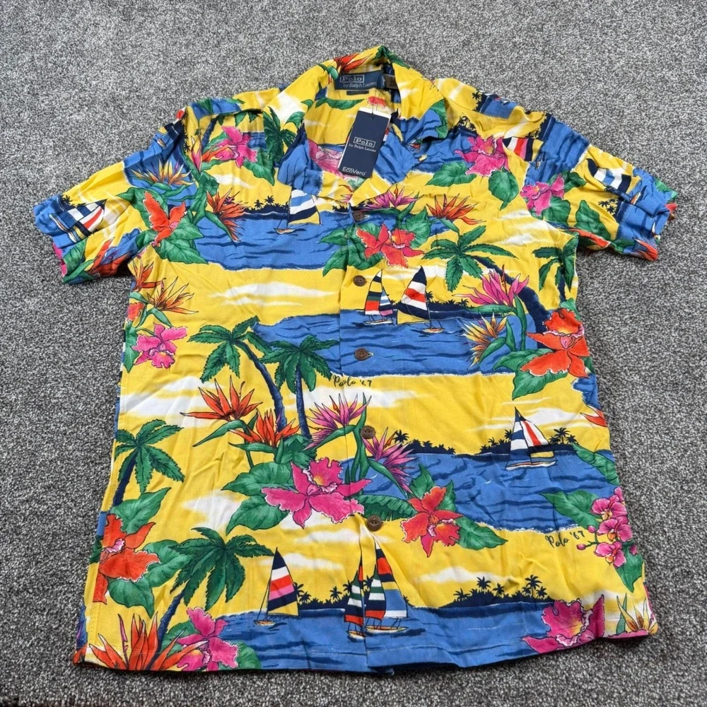 Polo Ralph Lauren Hawaiian Shirt Mens Small Yellow Tropical Sailboat EcoVero NWT